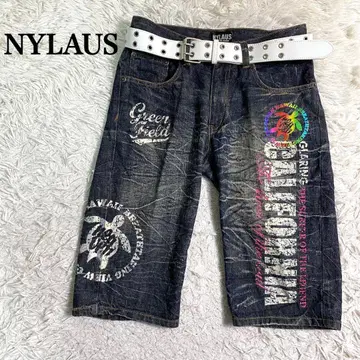 NYLAUS 데님 하프 팬츠 벨트 포함 프린트 블랙 M 상당
