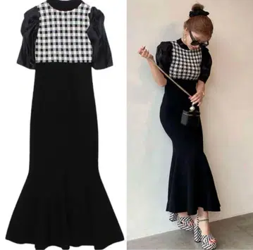 eimy istoire 스프링 깅엄 머메이드 니트 원피스