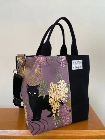 핸드메이드 사선 크로스백 고양이, 일본풍 패턴 x 블랙 캔버스