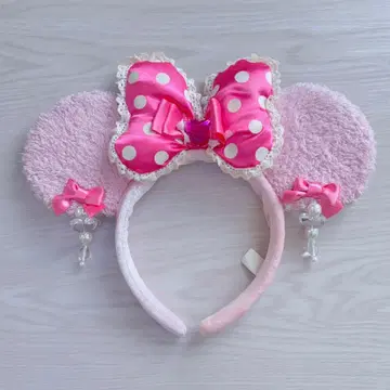 디즈니 미니 귀찌 머리띠 핑크 도트 프릴 레이스