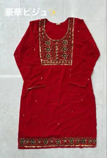 빨간색 자수 긴팔 원피스 40 무릎 기장 튜닉 비쥬 민족 의상 댄스