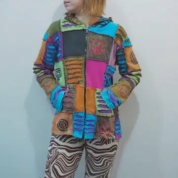 컬러풀 패치워크 지퍼 후드티 구제 의류