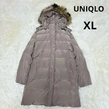 유니클로 롱다운 후드 부착 퍼 여성용 XL 브라운 베이지