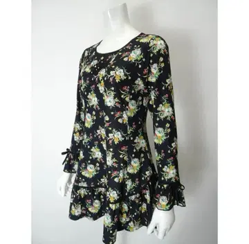 슈퍼 뷰티 플라워 프린트 스무스 원단 프릴 리본 튜닉