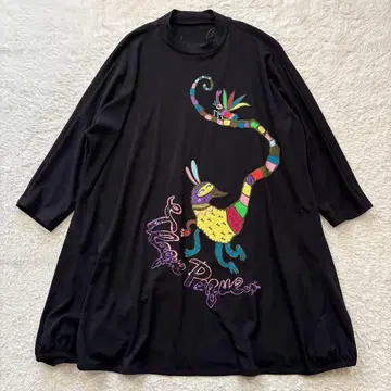 토쿠코 프리미어볼 자수 장식 칸칸 소재 플레어 튜닉 블랙