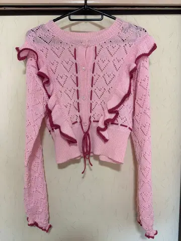 Alley by wcloset 핑크 하트 무늬 레이스 편직 가디건