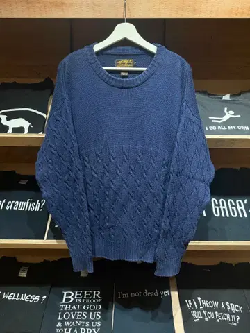 90s 블랙 택 에디 바우어 케이블 짜임 절개 코튼 니트 네이비