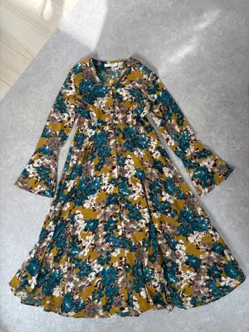 플라워 프린트 플레어 슬리브 원피스 F 사이즈