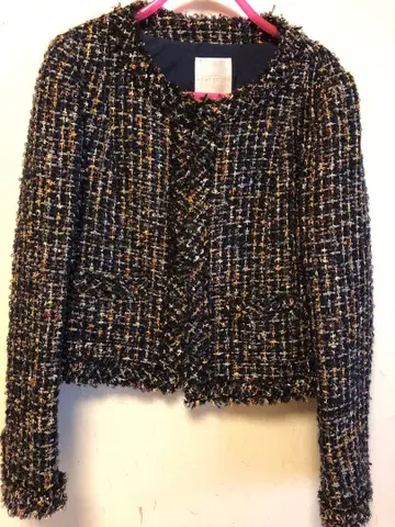 쿠미쿄쿠 네이비 계열 트위드 노카라 자켓