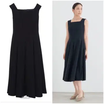ANAYI 울 그로그랭 턱 플레어 롱 원피스 다크 네이비 네이비