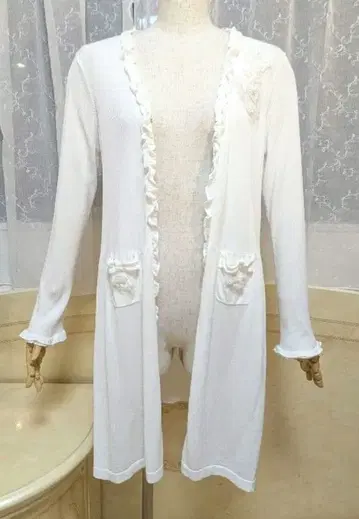 슈퍼 뷰티 롱 가디건 42 레이스 리본 프릴 화이트