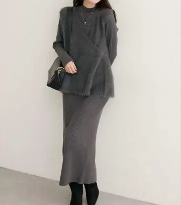 natural couture 페더 페플럼 베스트+리브 타이트 원피스 M