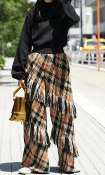 NUMBER M 프린지 와이드 팬츠 체크 무늬 빔즈 보이