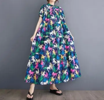 컬러풀 유니콘 패턴 티어드 롱 원피스 / 블루 계열 / 프리 사이즈