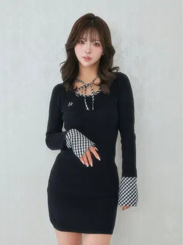 darich 체크 리본 니트 미니 원피스