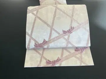 나고야 오비 실버 바탕에 보라색 리본 무늬