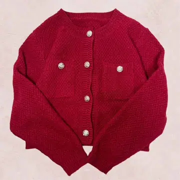 숏 기장 니트 가디건 골드 버튼 긴팔 니트 레드