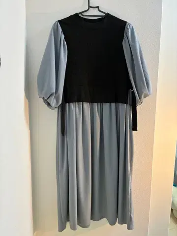 스카이블루 블랙 니트 원피스 롱