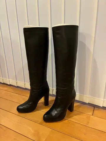 블랙 가죽 롱 부츠 높은 힐