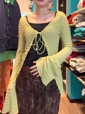 라임 그린 y2k 가디건 헤이세이 갸루 그런지 페어리 그런지