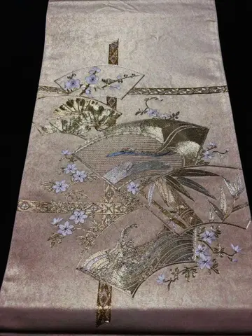 [컨디션 최상] 후쿠로 오비 금박지 코마츠바라 자수 학 오타이코 무늬 금