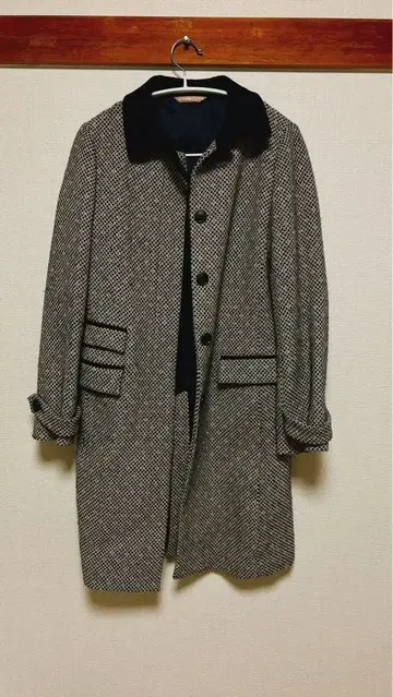 트위드 롱 코트 울 네이비 x 화이트