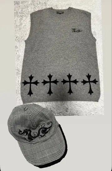 댄스 위드 드래곤 그레이 니트 베스트 체크 캡 세트