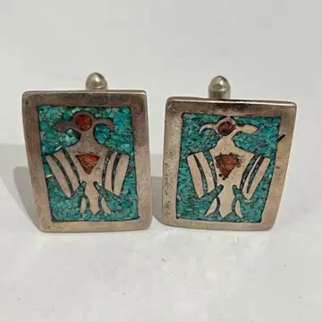 빈티지 터콰이즈 실버 커프스 링크 인레이 썬더버드