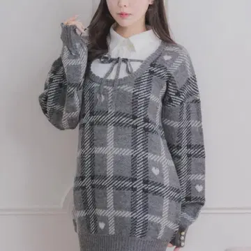 pium 피움 하트 체크 레이어드 니트 원피스