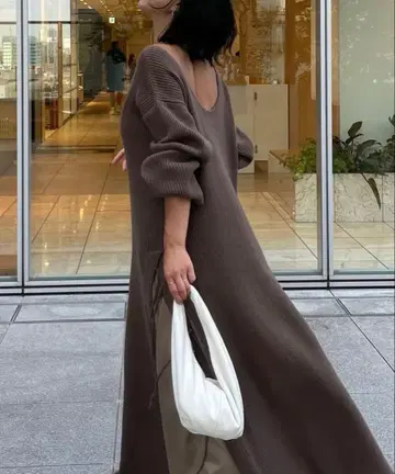 브라운 니트 롱 원피스 긴팔