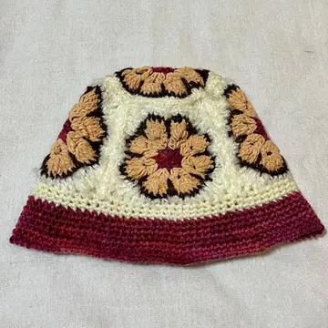 핸드메이드 손뜨개질 버킷햇 모자 꽃 핑크 비니