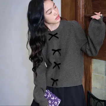 미사용 택 포함 KUOSE 벨로아 리본 포함 니트 와플 퍼프 슬리브 M