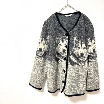 레트로 애니멀 무늬 가디건 일본제 그레이&아이보리 강아지 패턴 허스키