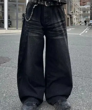 지하철 +크랙 워시 와이드 데님 팬츠