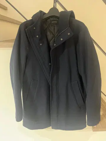 네이비 후드 부착 울 코트