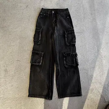 블랙 와이드 카고 팬츠 배기 데님 Y2K