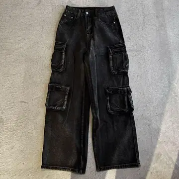 블랙 와이드 카고 팬츠 배기 데님 Y2K