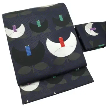 나고야 오비 9촌 순수 실크 블랙 베이스 파랑 도트 모던