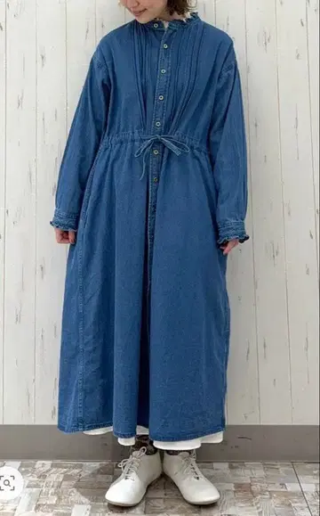 사만사 모스모스 원피스 데님 스탠드 카라 핀턱 원피스