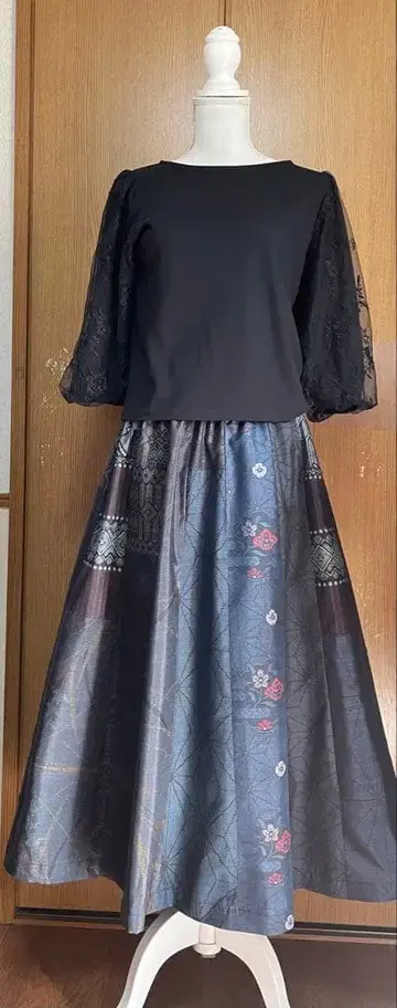 기모노 리메이크 오시마 패치워크 A라인 스커트 16장 이어 붙이기