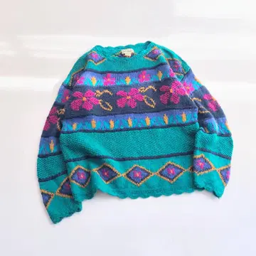 빈티지 LLBean 올 패턴 꽃무늬 코튼 x 라미 니트 그린