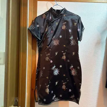 꽃무늬 자수 반팔 차이나 드레스 블랙 양귀비 38