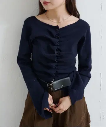 프론트 개더 니트 가디건 카스타네