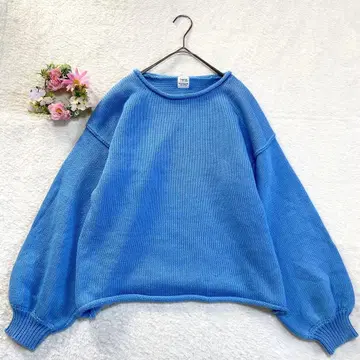 [ ungrid ] 롤헴 스웨터 니트 블루 드롭 숄더