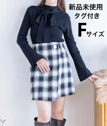 [ 미사용 새상품 ] 체크 무늬 랩 스타일 미니 스커트 블랙 프리 사이즈