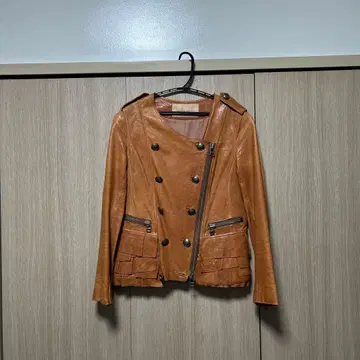 카멜 더블 브레스트 가죽 자켓