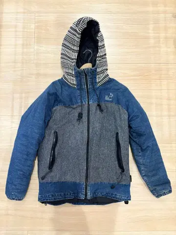 다운 자켓 파랑/그레이 체크 무늬 후드/go slow caravan