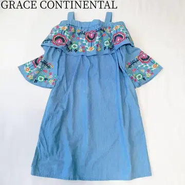[ 그레이스 콘티넨탈 ] 오프숄더 원피스 자수 꽃무늬 데님 플레어