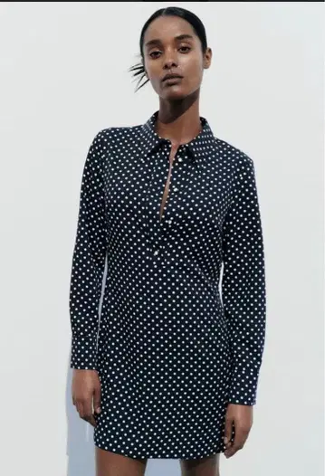 네이비 화이트 도트 긴팔 미니 드레스