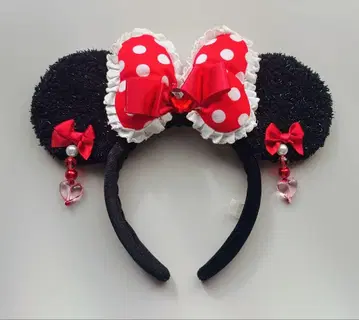 당일 발송 디즈니 프릴 귀찌 머리띠 레이스 도트 리본 빨간색
